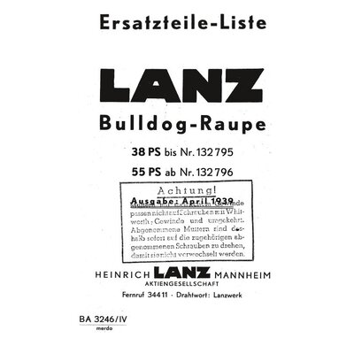 Ersatzteileliste Lanz Bulldog-Raupe, Ausgabe 1939