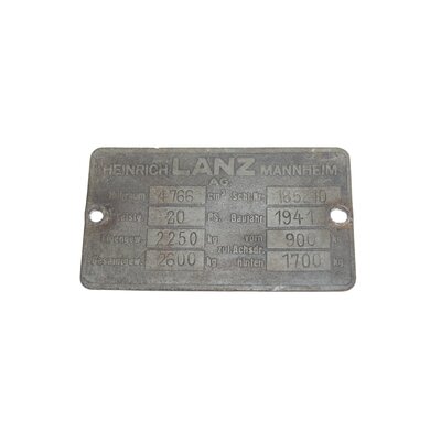 Typenschild Lanz Nr 185210, Bj. 1941