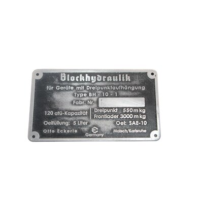 Schild Blockhyraulik, Typenschild