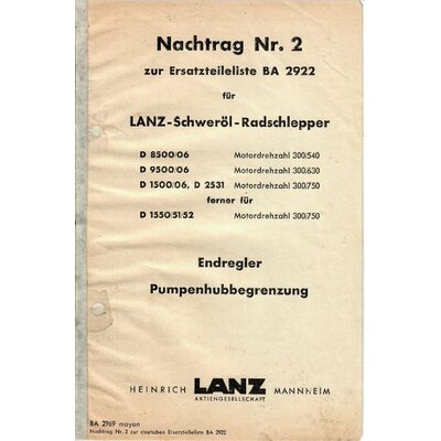 Addendum No.2 to the spare parts list BA 2922 for Lanz heavy oil wheel tractors