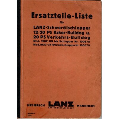 Ersatzteilliste fr LANZ-Schwerlschlepper 12/20 PS Ackerbulldog & 20 PS Verkehrsbulldog